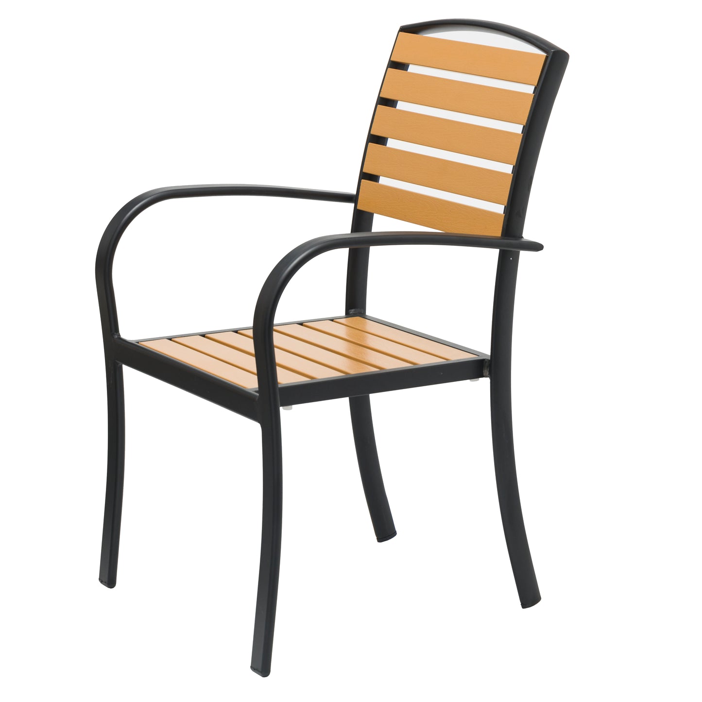 Natural Wood Outdoor Armchair with Black Aluminum Frame and Plastic Wood Slats