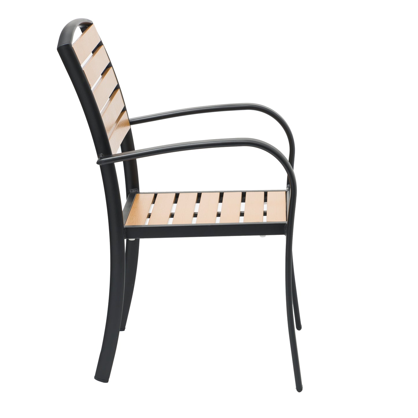 Natural Wood Outdoor Armchair with Black Aluminum Frame and Plastic Wood Slats