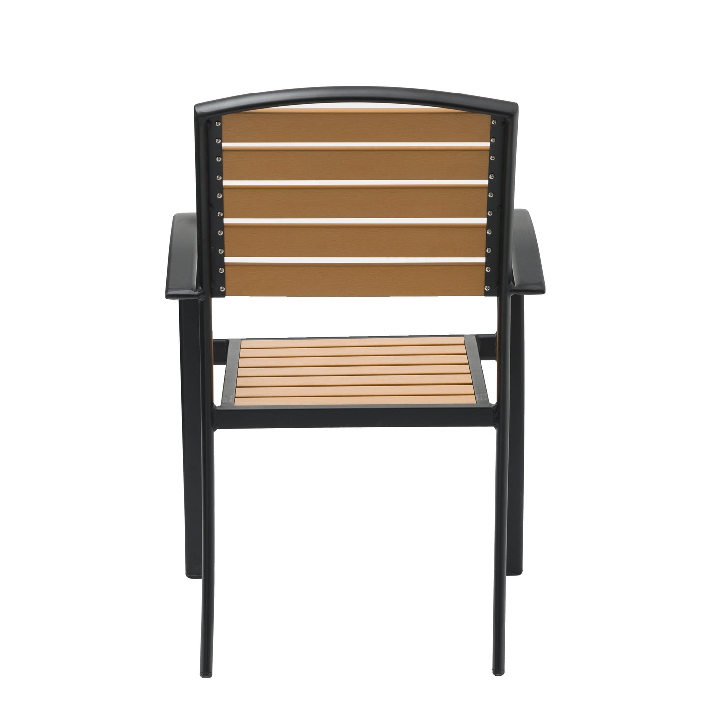 Natural Wood Outdoor Armchair with Black Aluminum Frame and Plastic Wood Slats