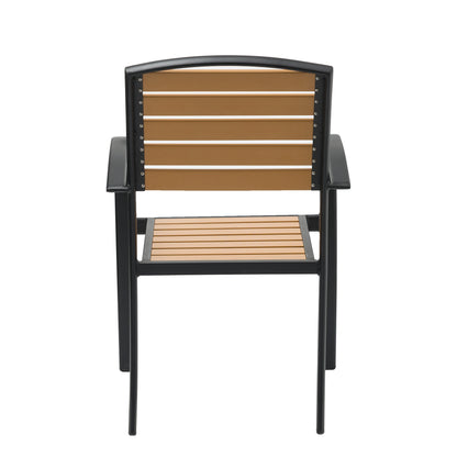 Natural Wood Outdoor Armchair with Black Aluminum Frame and Plastic Wood Slats