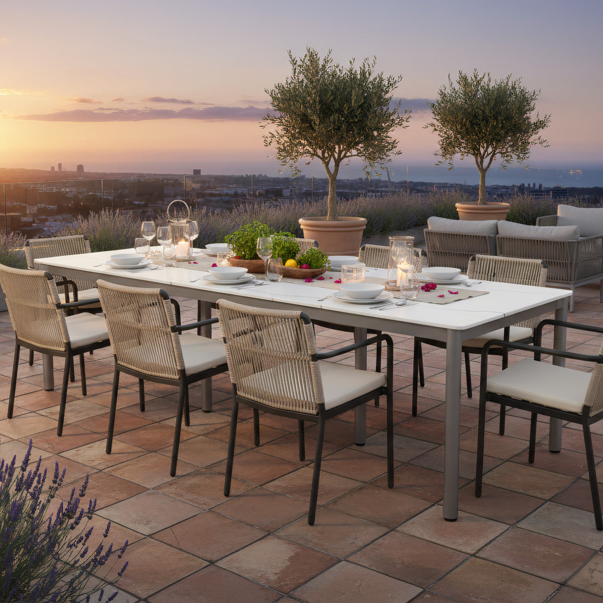 Indoor/Outdoor Stone Slab Dining Table – Matte Snow White & Silver Gray