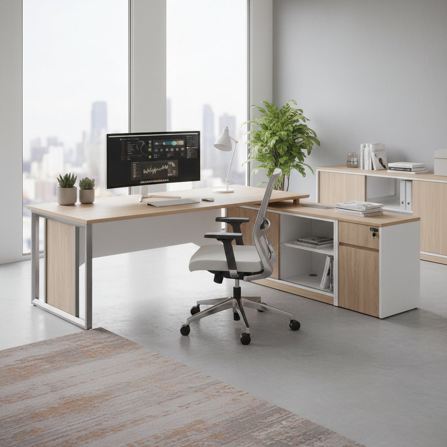 Modern L-Shaped Executive Desk with Integrated Storage – Wood & White Finish