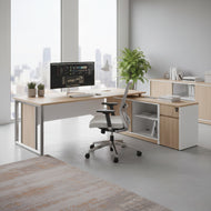 Modern L-Shaped Executive Desk with Integrated Storage – Wood & White Finish