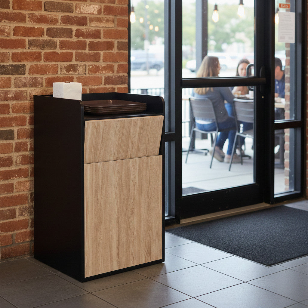 25 Gallon Indoor Commercial Trash Bin with Swing Door – Modern Wood Panel Design