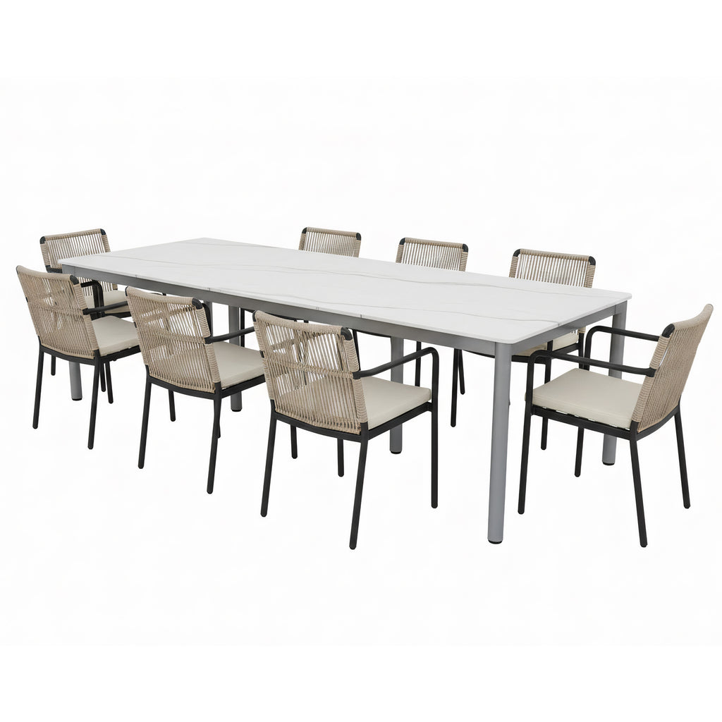 Indoor/Outdoor Stone Slab Dining Table – Matte Snow White & Silver Gray