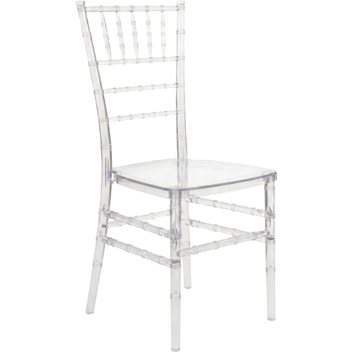 Clear plastic chair with a white cushion on a white background