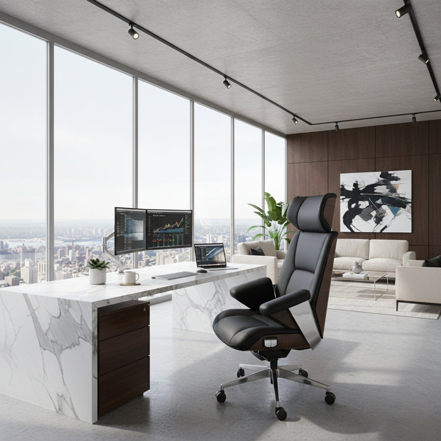 Luxury Executive Office Chair with Wood Accent Back & Ergonomic High-Back Design