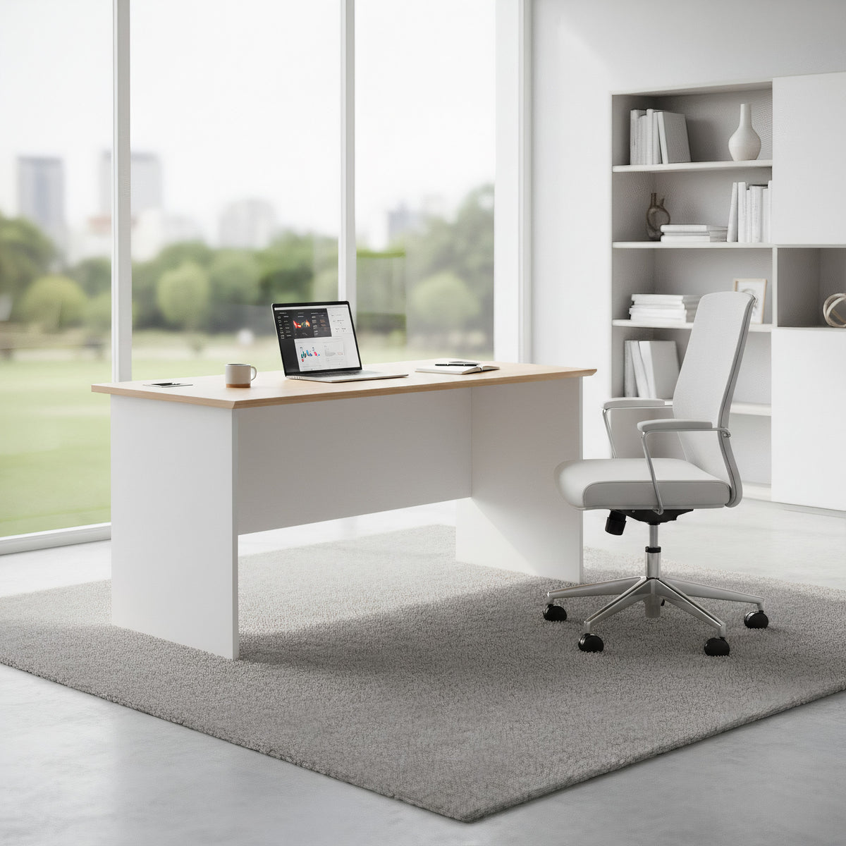 Natural Wood Veneer Desk with Cable Cutouts – White Base