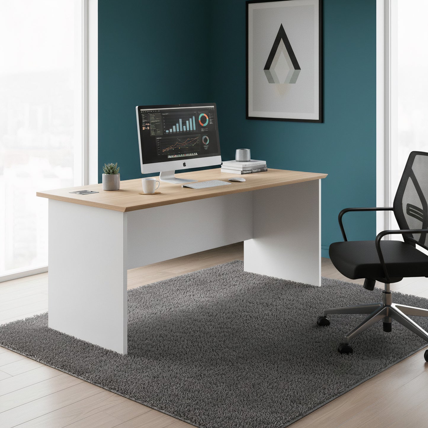 Natural Wood Veneer Desk with Cable Cutouts – White Base