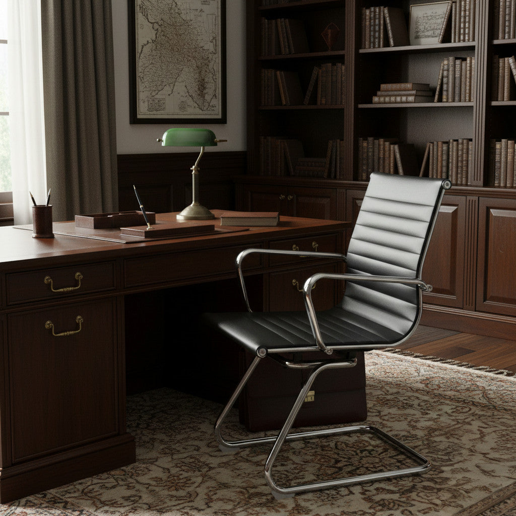 Set of 8 Cantilever Medium Back PU Leather Waiting Room Lobby Chair Leather Ribbed Ergonomic Conference Task Chair