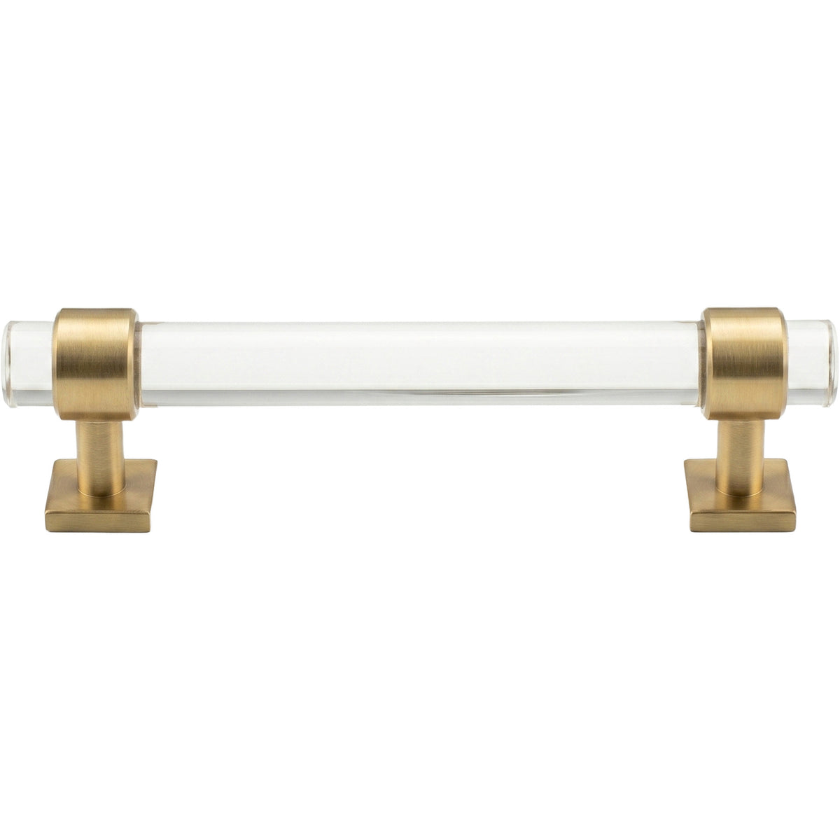 Cabinet handle with clear glass center and gold metal ends on a white background