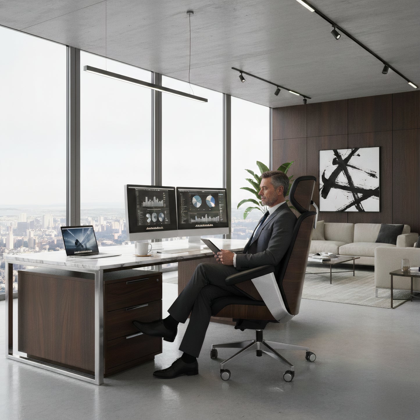 Luxury Executive Office Chair with Wood Accent Back & Ergonomic High-Back Design