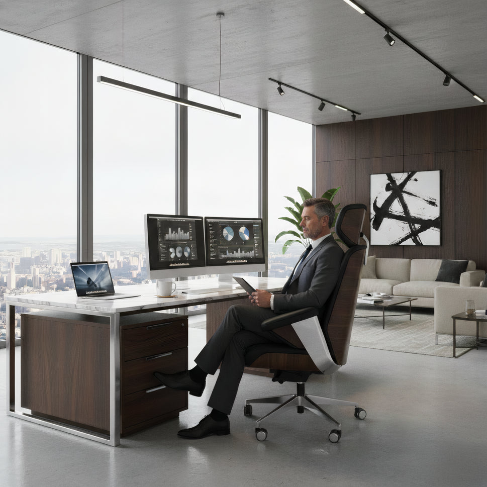 Luxury Executive Office Chair with Wood Accent Back & Ergonomic High-Back Design