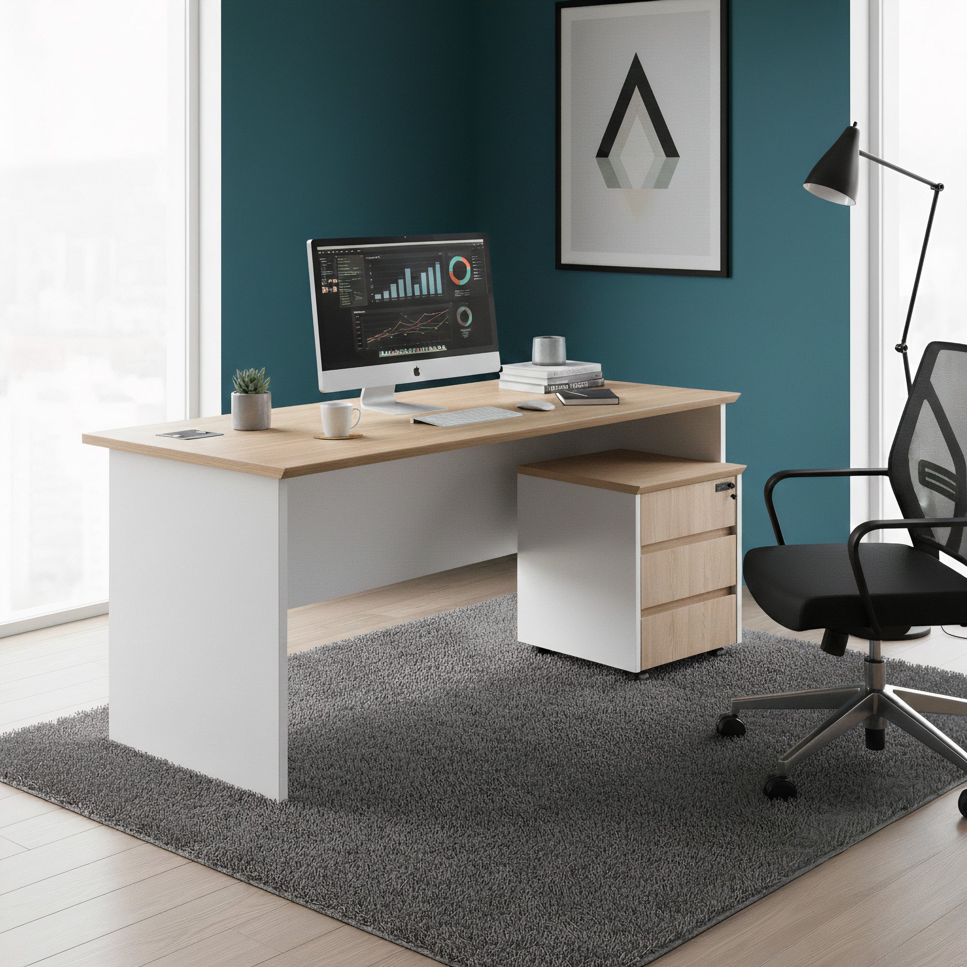 Natural Wood Veneer Desk with Cable Cutouts – White Base