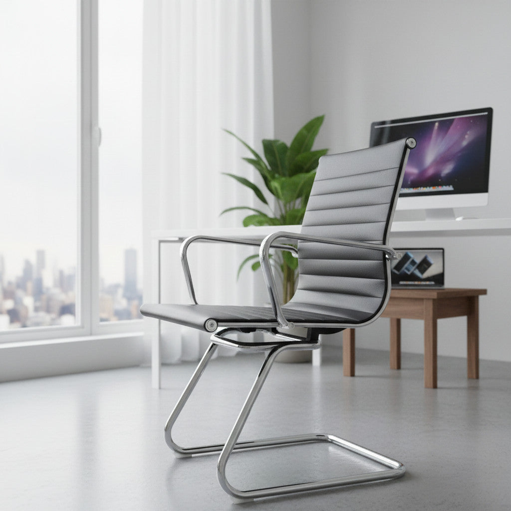 Set of 8 Cantilever Medium Back PU Leather Waiting Room Lobby Chair Leather Ribbed Ergonomic Conference Task Chair