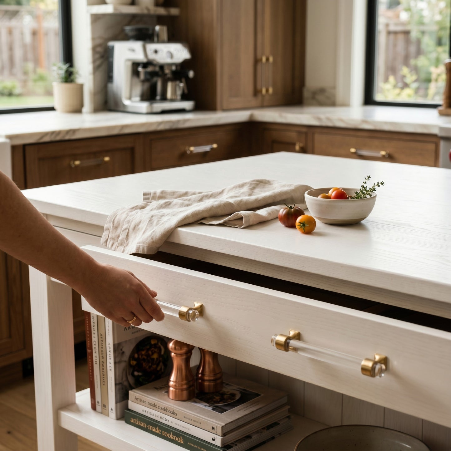 6" Clear Acrylic Cabinet Pull with Brushed Brass Ends – Modern Drawer Handle for Kitchen & Bathroom Cabinets 5.06" Opening to Opening