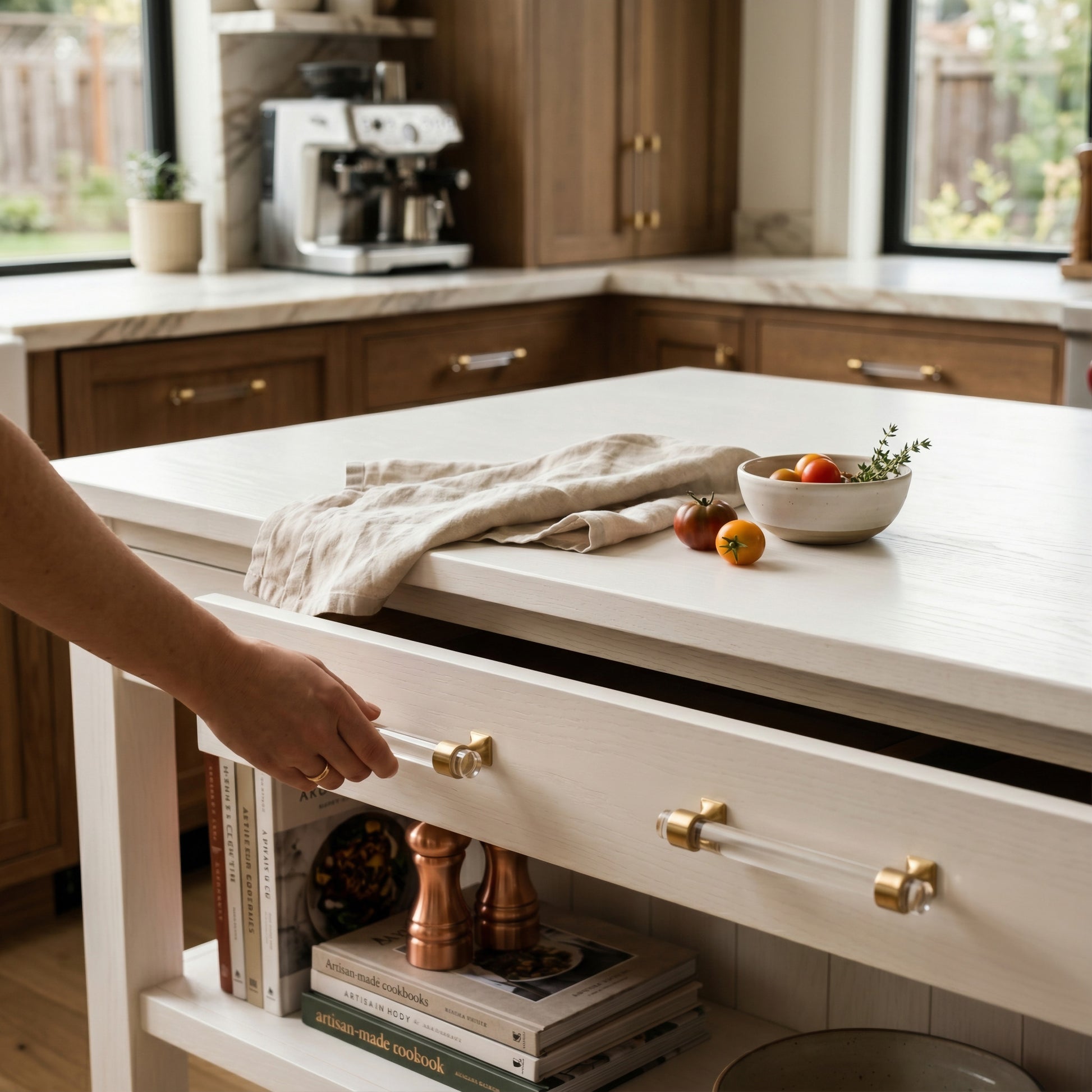 6" Clear Acrylic Cabinet Pull with Brushed Brass Ends – Modern Drawer Handle for Kitchen & Bathroom Cabinets 5.06" Opening to Opening