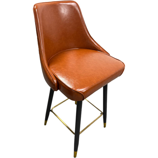 Mid-Century Cognac Faux Leather Barstool with Black Legs and Brass Accents