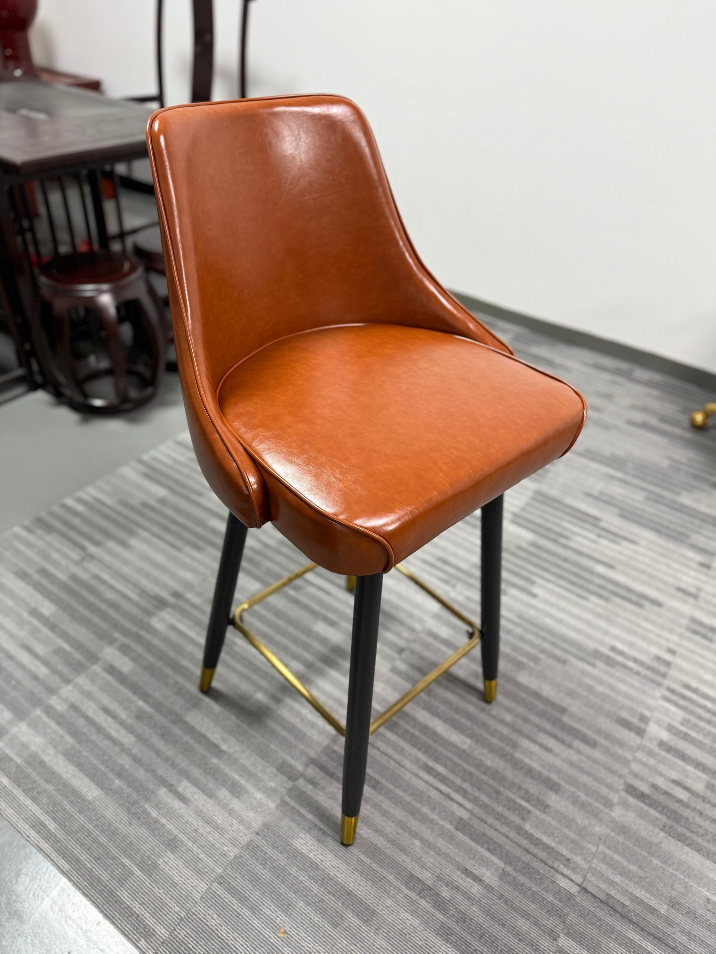 Mid-Century Cognac Faux Leather Barstool with Black Legs and Brass Accents
