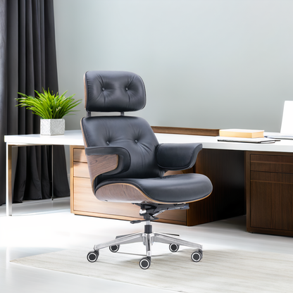 Modern Genuine Leather Upholstered Office Chair with Curved Wood Shell