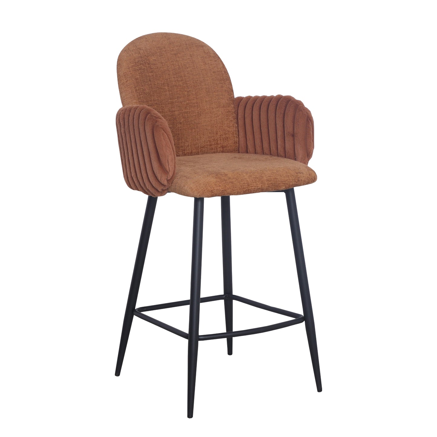 Modern Upholstered Bar Stool with Tufted Armrests and Metal Base