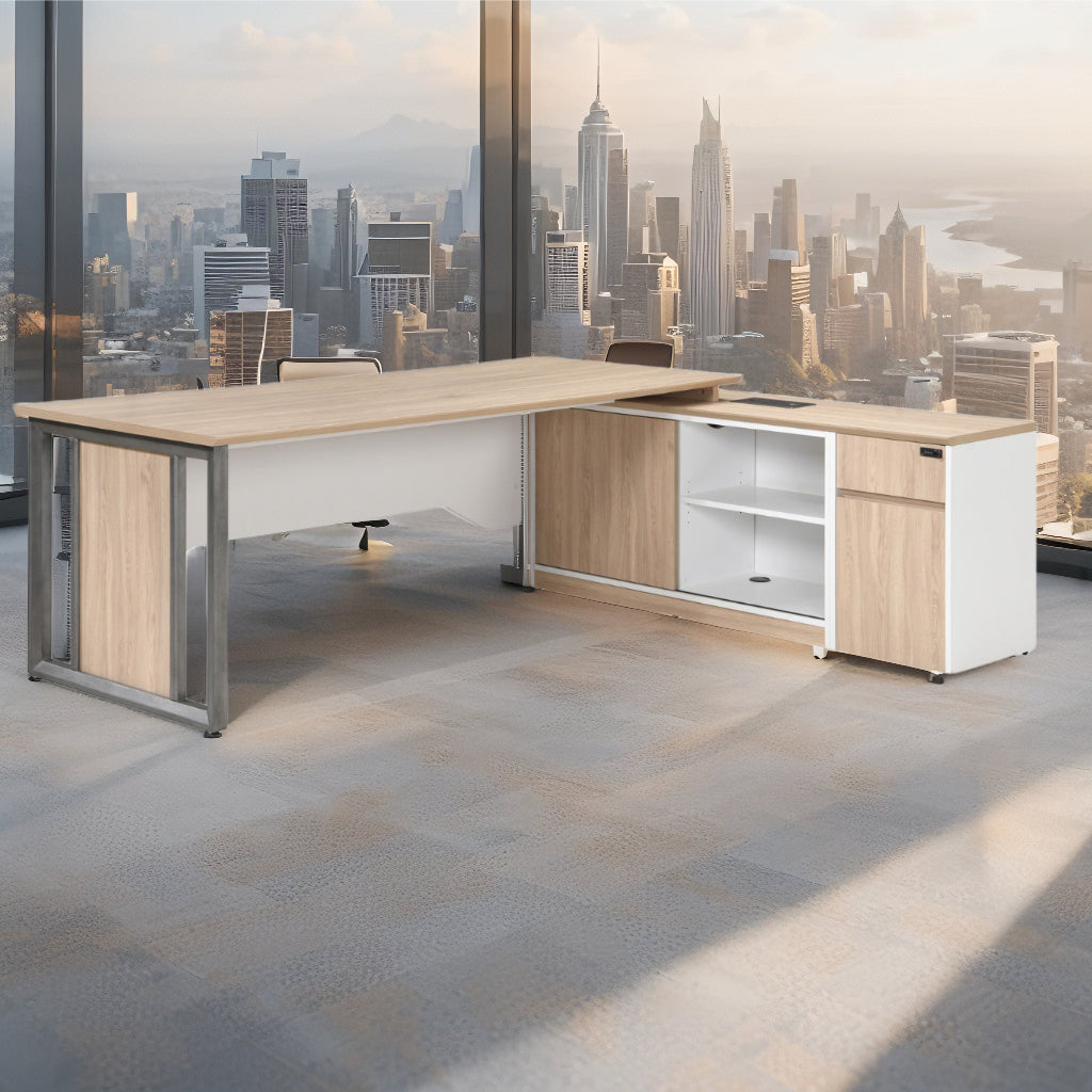 Modern L-Shaped Executive Desk with Integrated Storage – Wood & White Finish