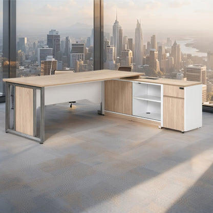 Modern L-Shaped Executive Desk with Integrated Storage – Wood & White Finish