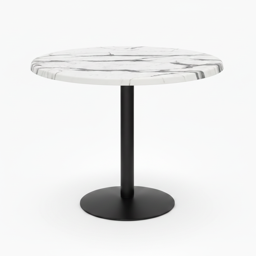 Commercial-Grade Indoor & Outdoor Table with Reinforced Stone-Composite Top: Round White Marble-Like