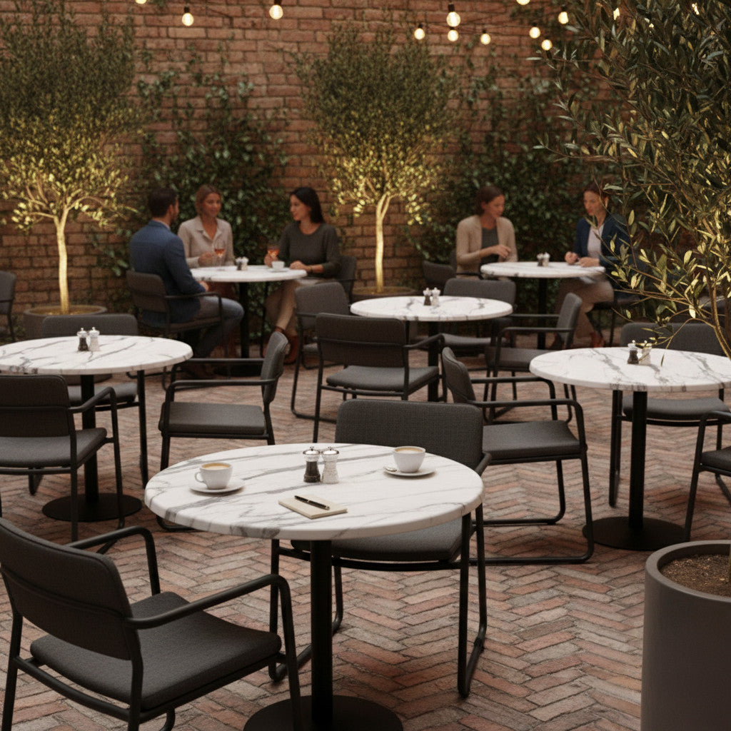 Commercial-Grade Indoor & Outdoor Table with Reinforced Stone-Composite Top: Round White Marble-Like