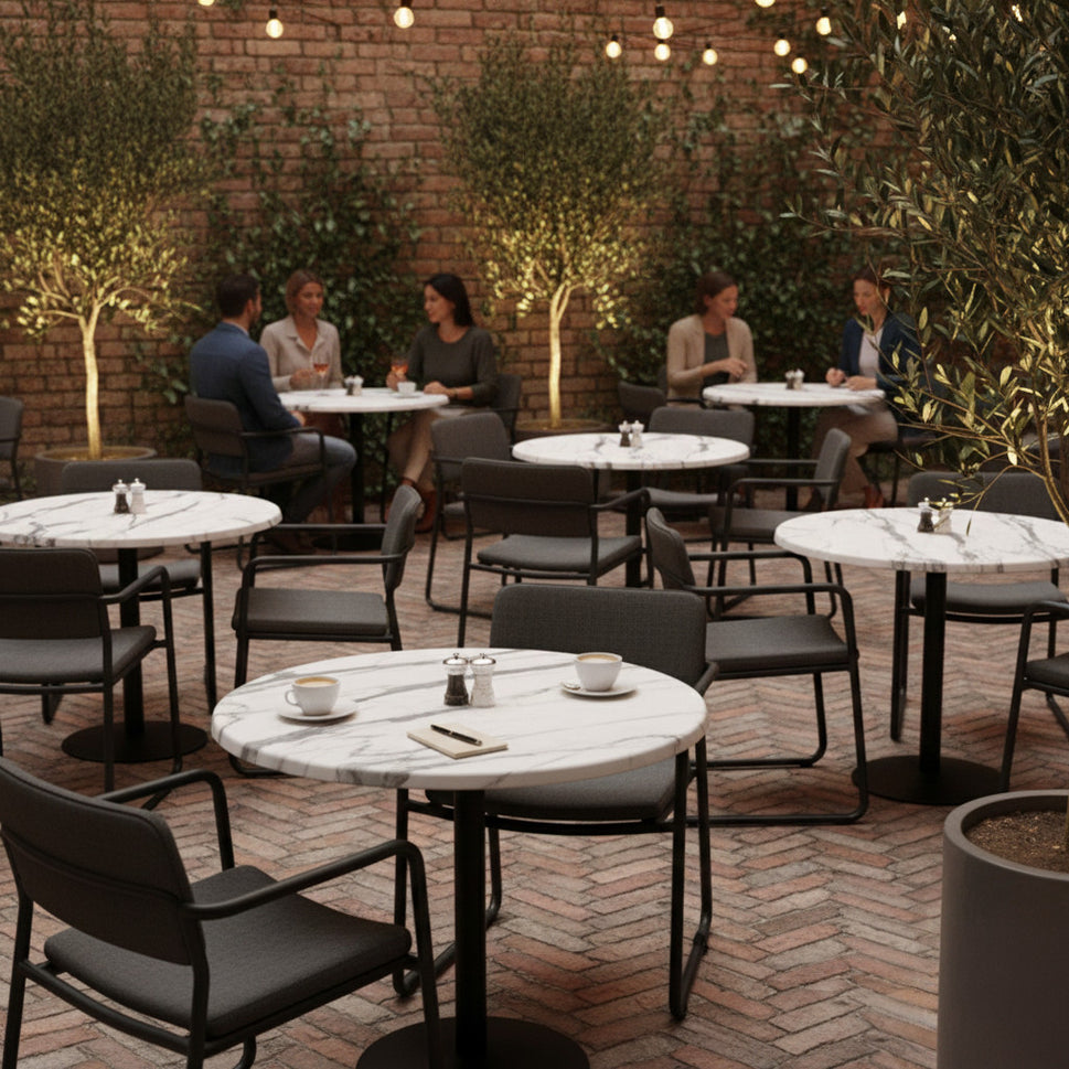 Commercial-Grade Indoor & Outdoor Table with Reinforced Stone-Composite Top: Round White Marble-Like