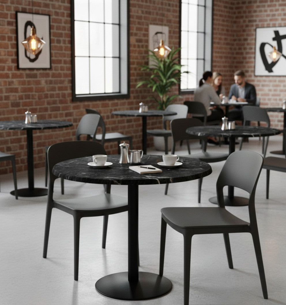 Commercial-Grade Indoor & Outdoor Table with Reinforced Stone-Composite Top: Round Black Marble-Like