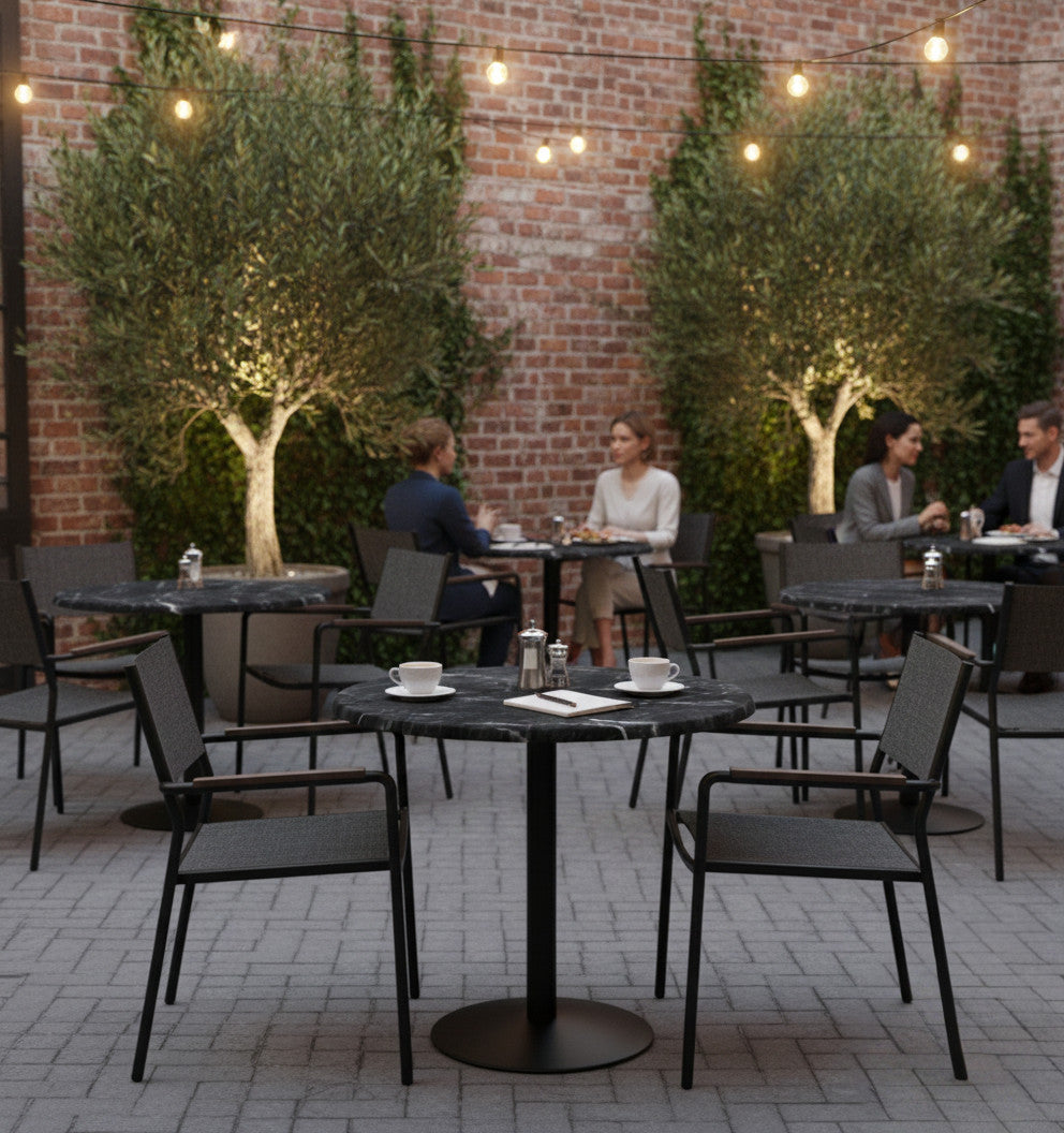 Commercial-Grade Indoor & Outdoor Table with Reinforced Stone-Composite Top: Round Black Marble-Like