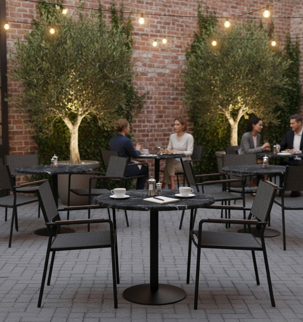 Commercial-Grade Indoor & Outdoor Table with Reinforced Stone-Composite Top: Round Black Marble-Like