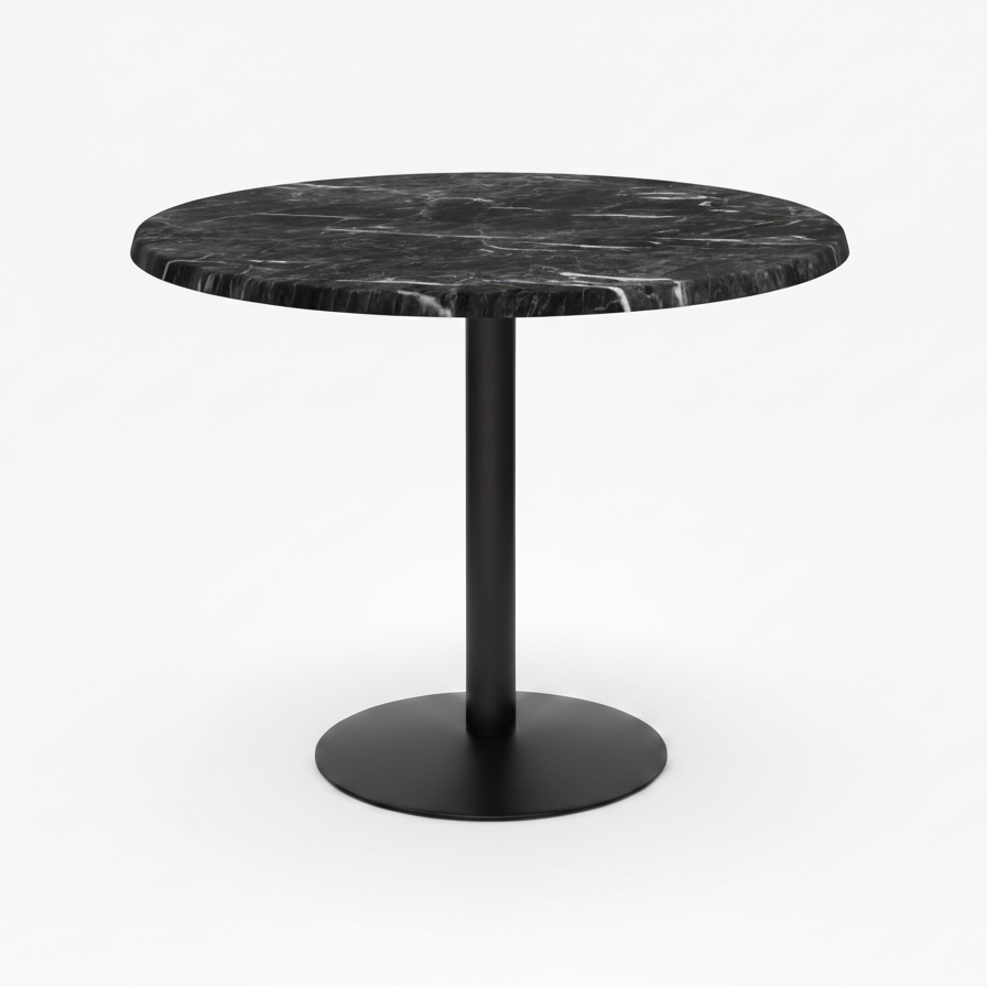 Commercial-Grade Indoor & Outdoor Table with Reinforced Stone-Composite Top: Round Black Marble-Like