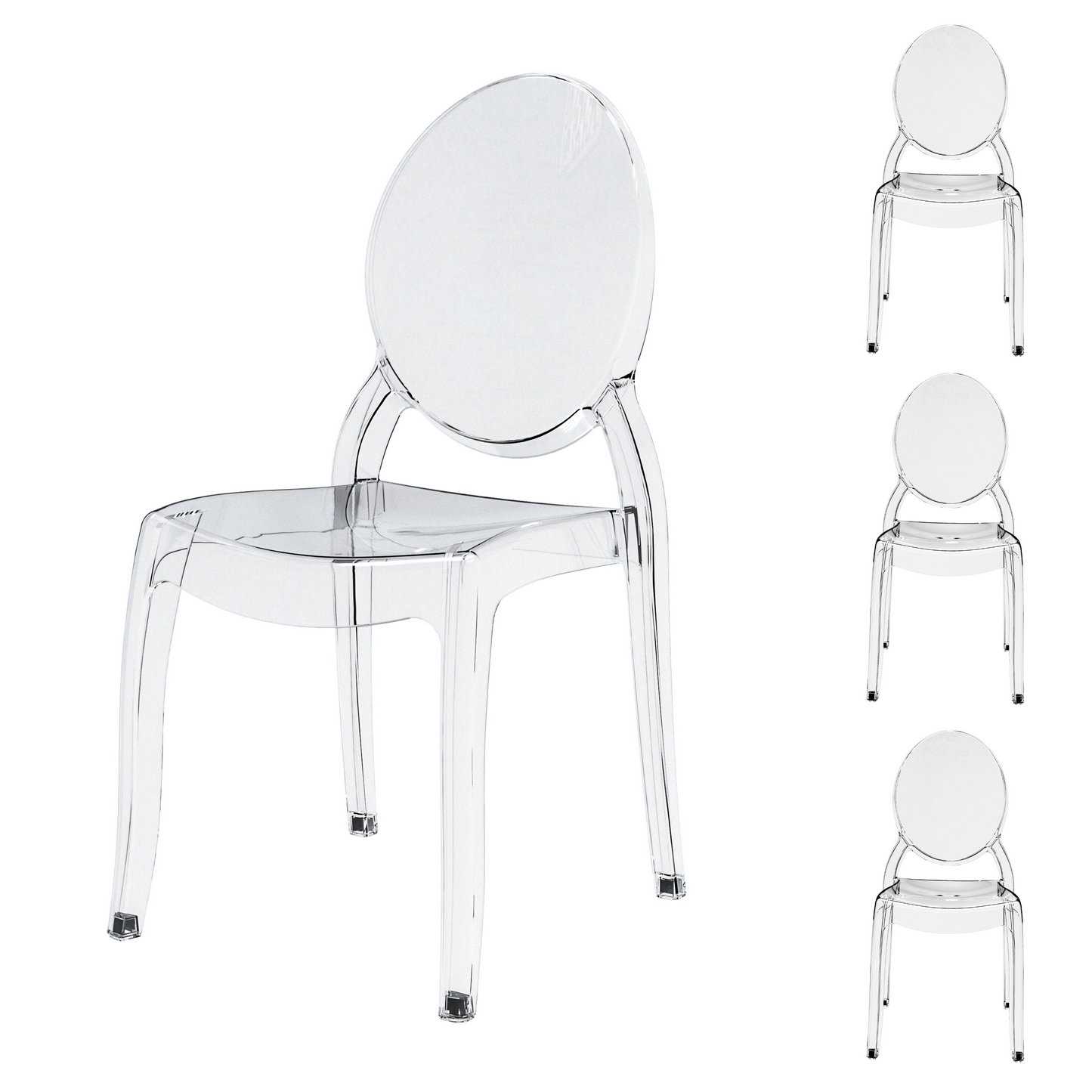 Set of 4 Clear LARGE Ghost Chairs, Modern Acrylic Stacking Chairs, Kitchen and Dining Room