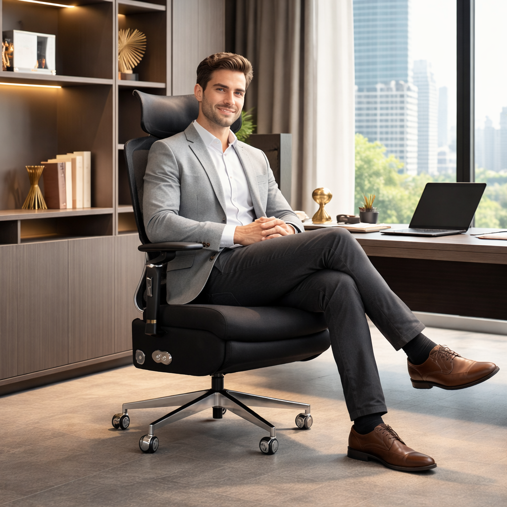 Man sitting on a black office chair in a modern office setting with large windows.