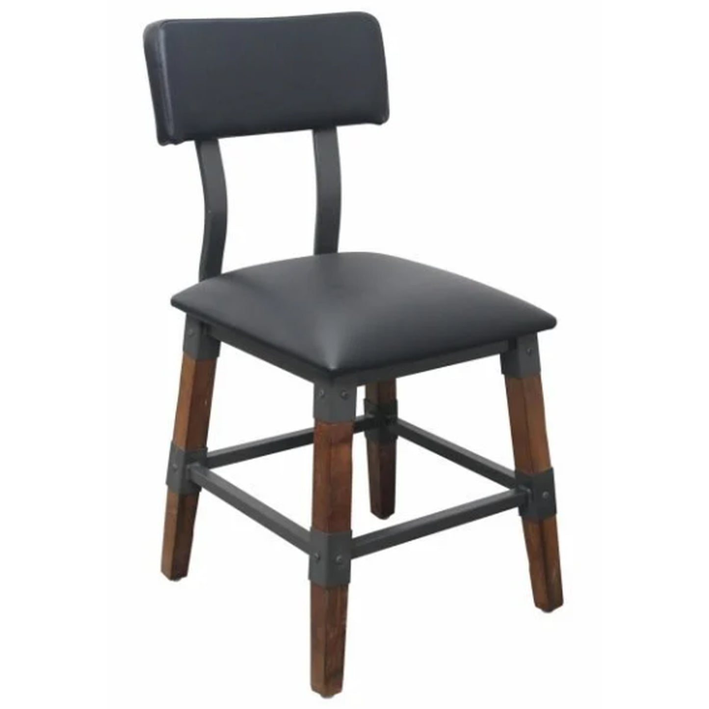 Industrial-Style High-Back Wood and Metal Restaurant Chair with Black PU Upholstery, Beechwood