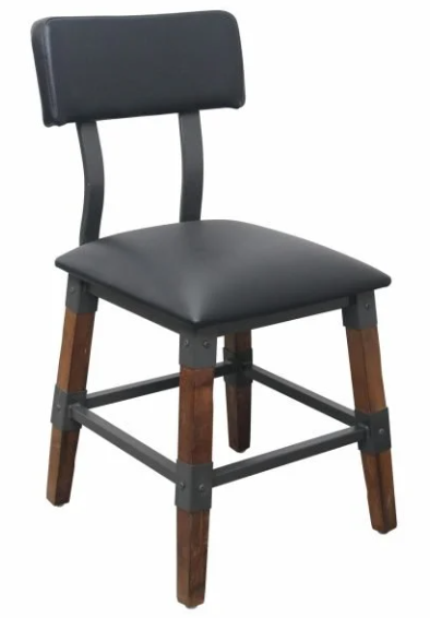 Industrial-Style High-Back Wood and Metal Restaurant Chair with Black PU Upholstery, Beechwood