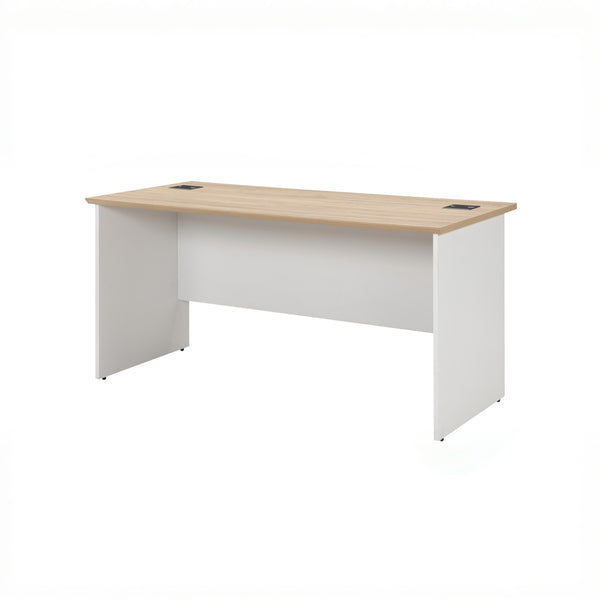 Natural Wood Veneer Desk with Cable Cutouts – White Base