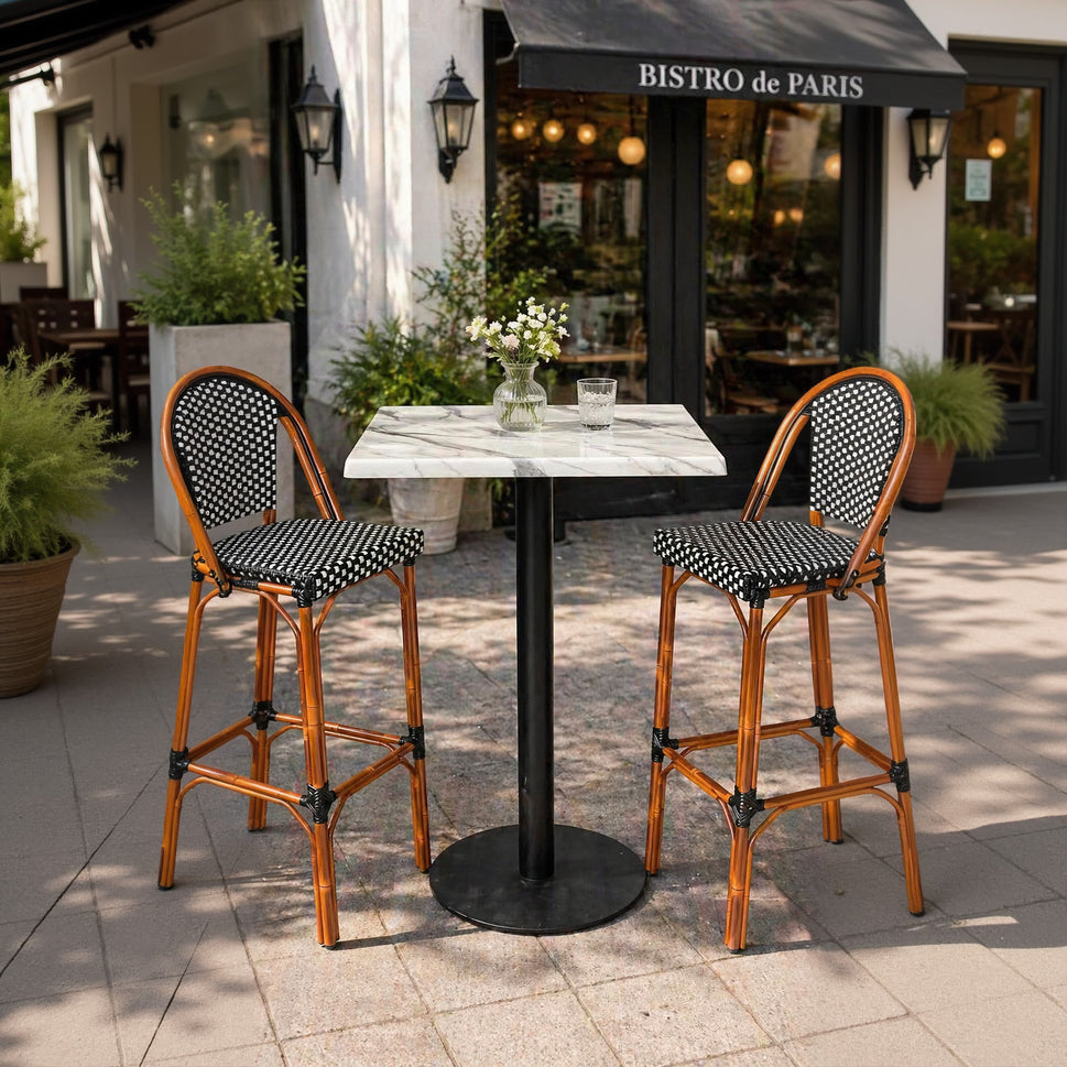 Black & White Woven Outdoor Barstool with Faux Bamboo Frame