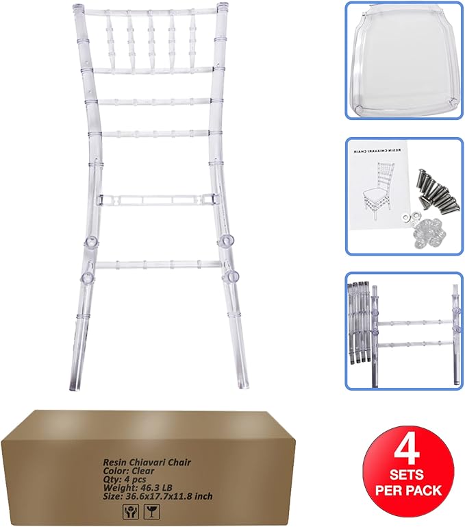 Set of 4 Clear Acrylic Chiavari Chairs, Modern Dining Chair, Accent Event Ghost Chairs for Wedding Party Event Reception (Clear)