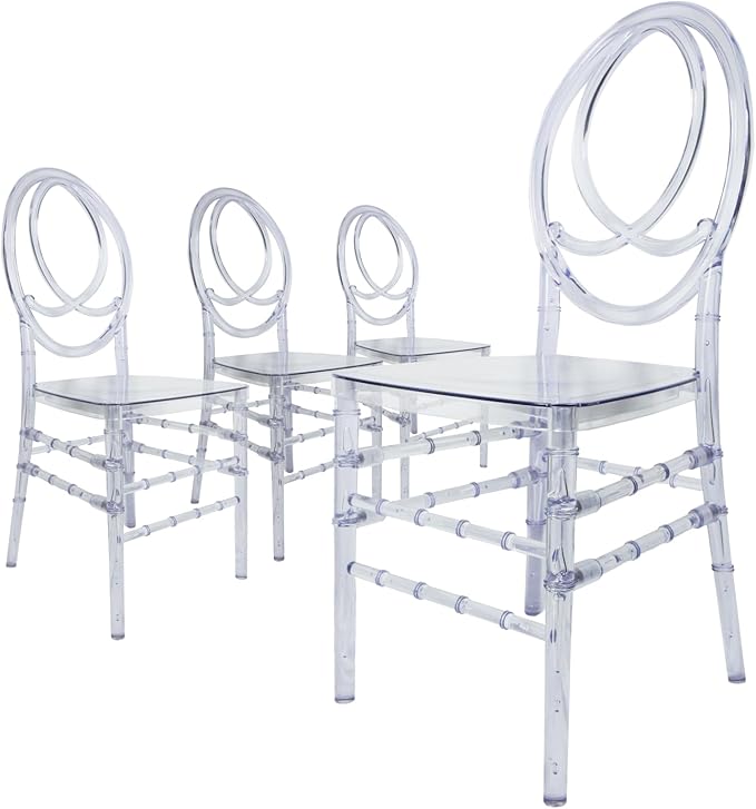 Set of 4 Acrylic Stacking Chairs, Clear Dining Chairs, Crystal Chiavari Ghost Chairs,Transparent Elegant Party Event Wedding Chairs, Phoenix Banquet Chair (Oval Backrest)