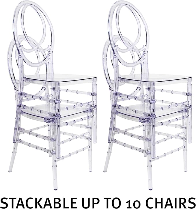 Set of 4 Acrylic Stacking Chairs, Clear Dining Chairs, Crystal Chiavari Ghost Chairs,Transparent Elegant Party Event Wedding Chairs, Phoenix Banquet Chair (Oval Backrest)