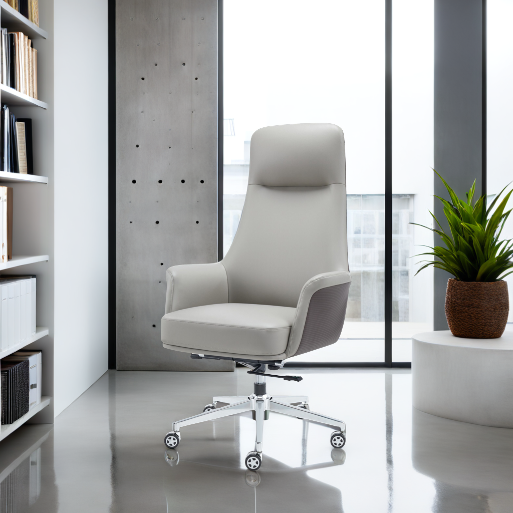 Stylish Grey Faux Leather Upholstered Office Chair with Chrome Finishes