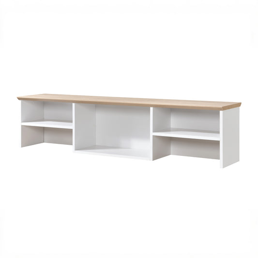 White Storage Bench with Open Shelving and Wood Veneer Top