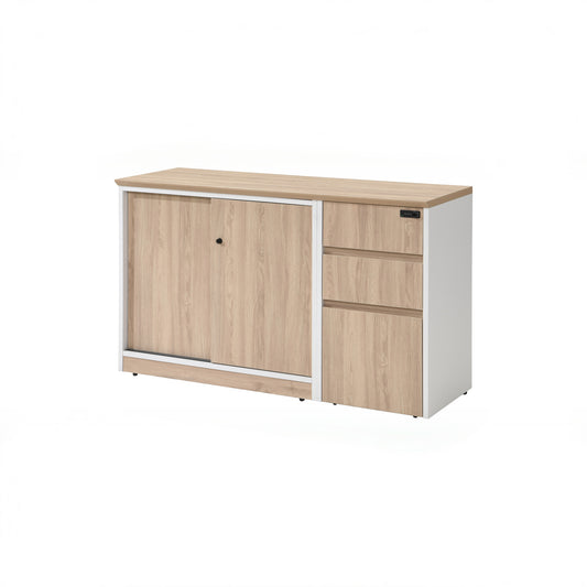 Modern Office Storage Cabinet with Sliding Doors & Drawers – Light Oak Finish