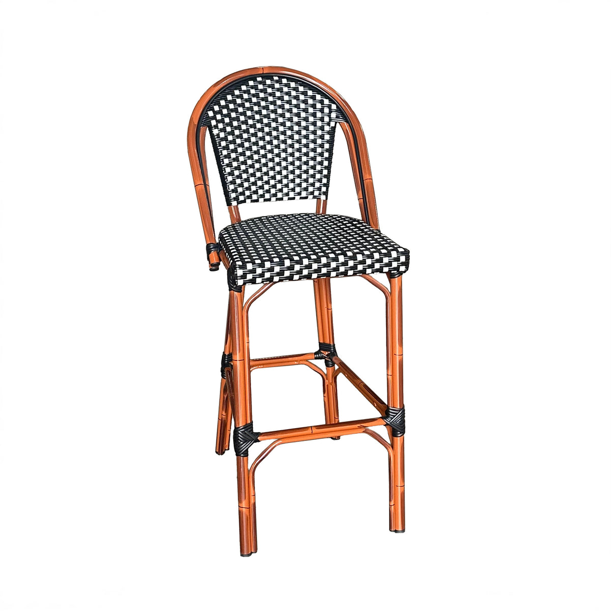 Black & White Woven Outdoor Barstool with Faux Bamboo Frame
