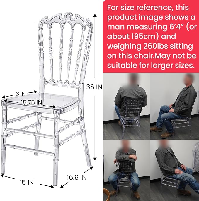 Set of 4 Ghost Clear Acrylic Dining Chairs, Elegant Stacking Chiavari Event Chair, Transparent Crystal Chair in for Weddings Parties Events Receptions (Crown-Head Back)