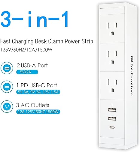 5-in-1 desk accessories Fast Charging station with 6ft cord, Sliding Desk Clamp Power Strip with 3 AC Outlet Ports, 1 USB-A Port, and 1 USB-C Port（White）