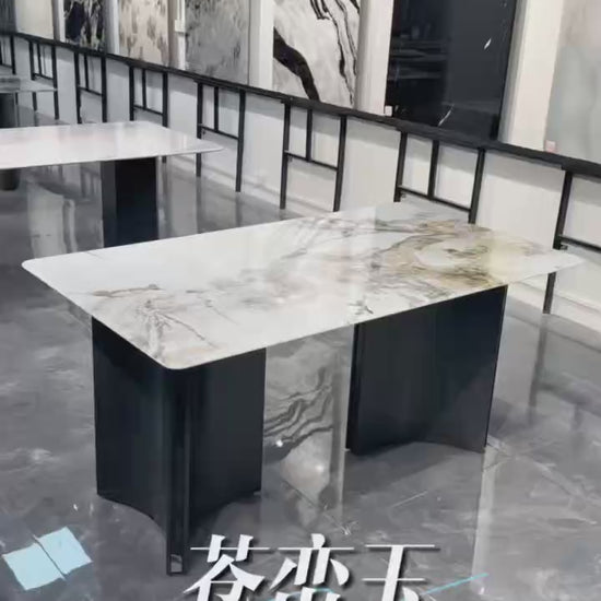 Beige & Gold Marble-Effect Dining Table – 160 x 90 cm Modern Rectangular Table